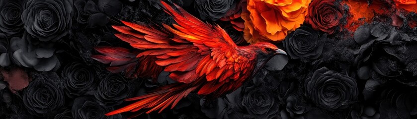 Obraz premium A vibrant red bird elegantly contrasts against a backdrop of dark roses, creating a striking visual of beauty and nature.