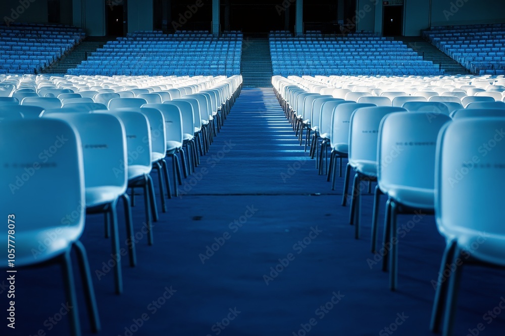 Poster rows of empty white chairs set up in a large auditorium with natural light illuminating the space