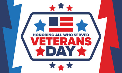 Veterans Day in United States. Federal holiday, celebrated annual in November 11. Honoring all who served. Patriotic american military concept. Poster, card, banner and background. Vector illustration