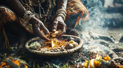 A symbolic act of offering food for ancestral remembrance.