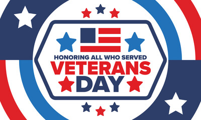 Veterans Day in United States. Federal holiday, celebrated annual in November 11. Honoring all who served. Patriotic american military concept. Poster, card, banner and background. Vector illustration