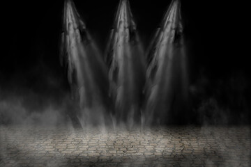 Empty street scene background with abstract spotlights light. Night view of street light reflected on water. Rays through the fog. Smoke, fog, wet asphalt with reflection of lights. 
