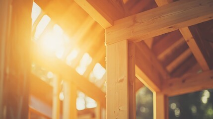 Partially built wooden house frame, bright sunlight, lots of open space for text
