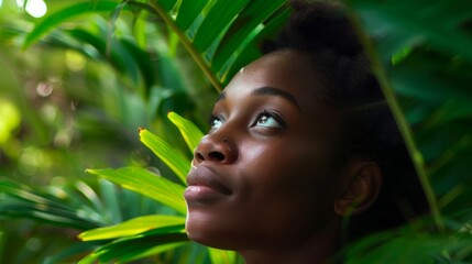 Peaceful black woman with a serene expression enjoys the tranquility of a lush green tropical environment