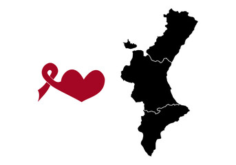 Solidaridad con la Comunidad valenciana por las inundaciones, dana o gota fría. Silueta del mapa de la Comunidad valenciana con el lazo solidario y corazón © Montsilus