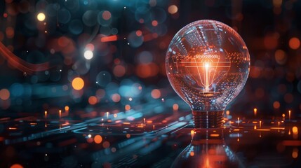 Innovative light bulb glowing on futuristic digital background