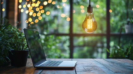 Cozy workspace with hanging light bulb and laptop in natural environment
