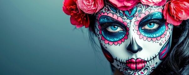Vibrant Sugar Skull with Luminous Blue Highlights