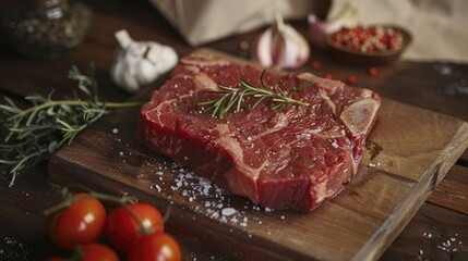 Fresh organic beef steak on wood board with seasoning ingredients on kitchen table.