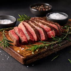 juicy medium beef rib eye steak slices on wooden board with herbs spices and salt