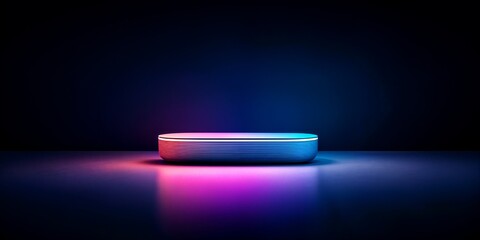 Minimalist smart device on shelf with neon gradient light. White illuminated circular platform on gradient background with pink and blue lighting. Futuristic setup for technology, product display