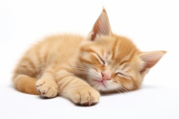 Obraz premium photograph of A cute little orange-gray kitten lies on its back with its front legs raised up to its ears and its eyes closed.