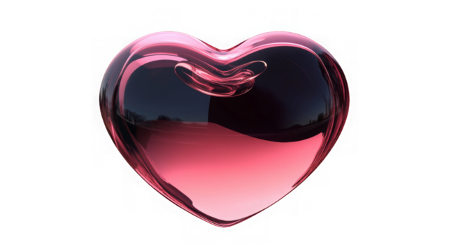 Glass transparent isolated heart. Realistic soap bubble in the shape of a heart, glare, light and sparkles. Glossy holographic chrome futuristic decoration element.