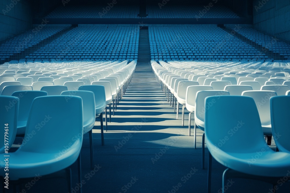 Poster rows of empty white chairs set up in a large auditorium with natural light illuminating the space
