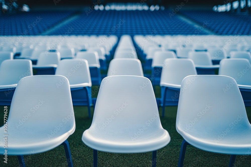 Poster rows of empty white chairs set up in a large auditorium with natural light illuminating the space
