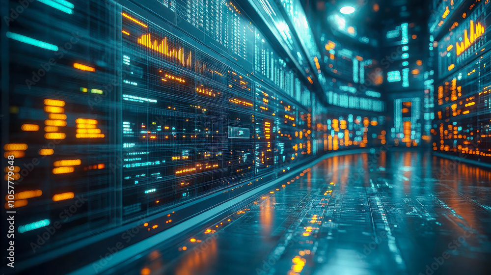 Aufkleber digital data stream in a high-tech data center. futuristic data storage and cybersecurity concept
