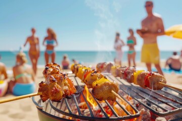 Summer beach barbecue with grilled skewers and relaxing sunbathers