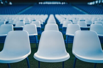Naklejka premium Rows of empty white chairs set up in a large auditorium with natural light illuminating the space