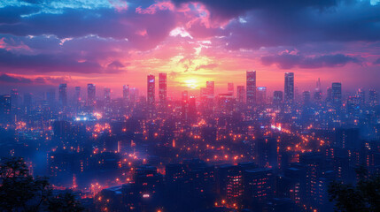 Fototapeta premium Vibrant cityscape in blue and pink hues, illuminated against a moody sky at twilight