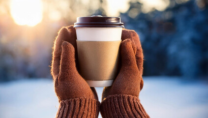 coffee in a paper cup in hands in gloves winter