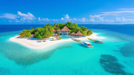 Luxury Island Getaway: An aerial view of a stunning private island resort in the Maldives, showcasing crystal-clear turquoise waters, pristine beaches, luxurious villas, and boats. Escape to paradise.