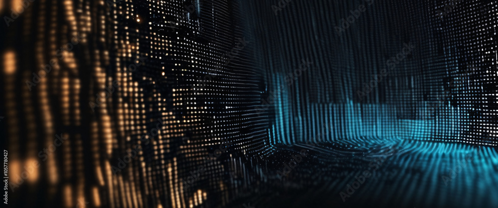 Poster digital cityscape: a mesmerizing abstract of glowing digital lines and geometric patterns evokes a f