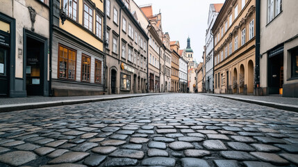 Obraz premium Empty cobblestone street in historic city center with traditional architecture and building facades featuring large windows and ornate details in overcast lighting conditions.
