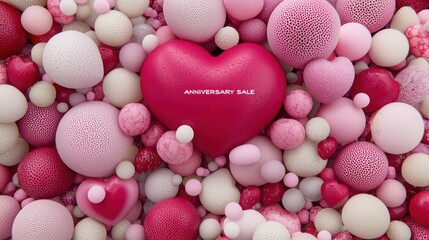 Obraz premium A vibrant assortment of pink and white decorative spheres with a central red heart, perfect for anniversary celebrations.