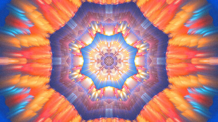 Kaleidoscope background, abstract geometric backdrop, gradient colorful illustration. Kaleidoscopic ornament with a grainy noise texture. Retro hypnotic futuristic design