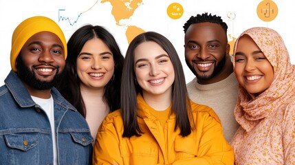 Multinational team with digital charts and technology visuals, representing global business and connectivity