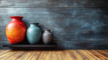 Stylish Interior Design with Dark Gray Textured Wall, Wooden Accents, and a Selection of Gray and Orange Vases, Perfect for Displaying Contemporary Decor and Architectural Visuals
