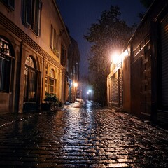 a dark alleyway at night with rain on the cobblestone street
