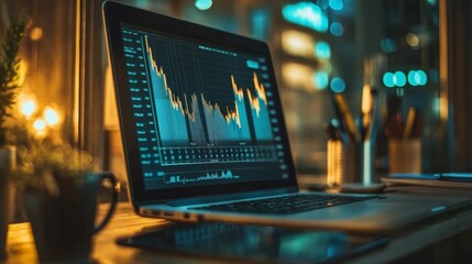Laptop displaying financial stock market chart in cozy evening ambiance