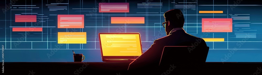 Poster introspective scene of a developer working at night