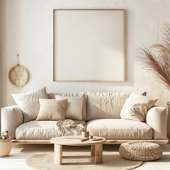 A minimalist living room with a beige sofa. a wooden coffee table. and a large framed picture