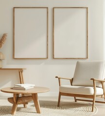 Minimalist living room interior with a comfortable armchair. a round coffee table. and two empty frames on a white wall