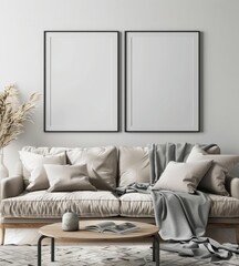 A minimalist living room with a beige sofa. two black framed posters. a coffee table with a magazine and a decorative object. and a throw blanket