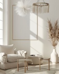 Minimalist living room interior with a white armchair. a round coffee table. and a vase with dried pampas grass The room is decorated in a neutral color palette with natural textures and sunlight stre