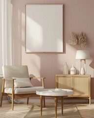 A cozy living room interior with a large framed poster hanging on a pale pink wall. a wooden armchair. a round coffee table. and a cabinet with a lamp