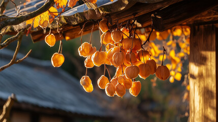 伝統的な軒下に連なる干し柿