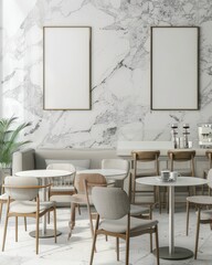 A modern cafe interior with white marble walls. wooden chairs. and two blank frames for your design