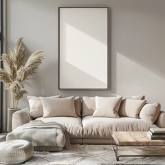 A modern living room with a beige sofa. a wooden coffee table. a large picture frame. and a potted plant The room is decorated with a rug and pillows The sun is shining through the window and casting
