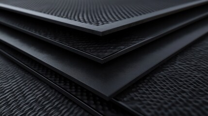 Stack of black square tiles with a textured surface.