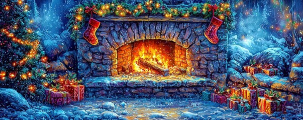 Fototapeta premium Cozy Winter Scene with Fireplace and Holiday Decor