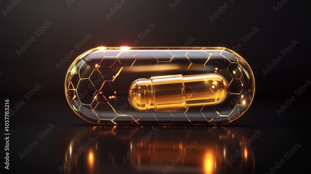 Wall mural a single golden capsule sits inside a larger, clear capsule with a hexagonal pattern, against a blac