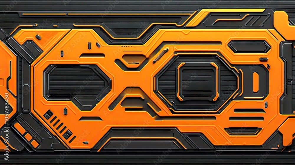 Poster Vibrant orange tech backdrop with interconnected polygon patterns and modern tech elements