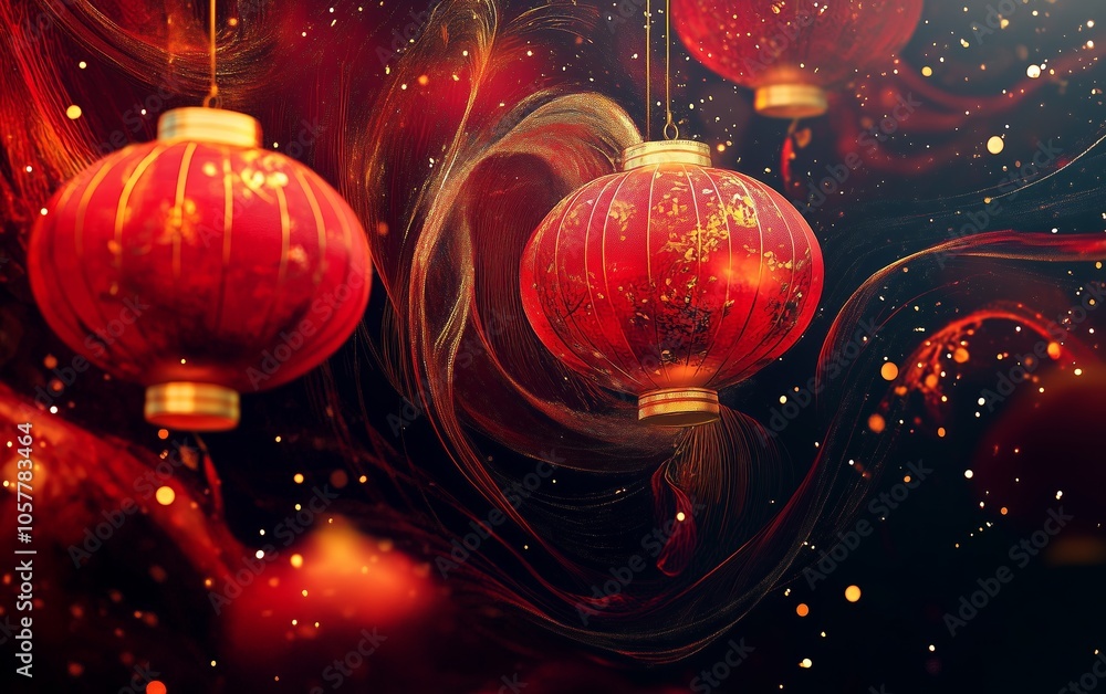 Poster red lanterns glow in the night, creating an enchanting and festive atmosphere with swirling patterns