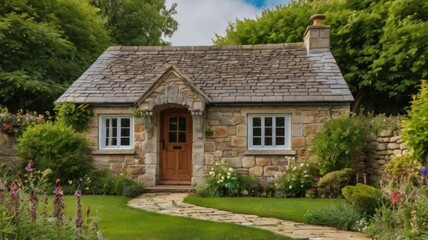 A quaint stone cottage in a lush garden