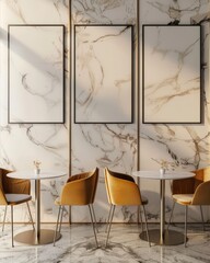 A modern interior design with three empty frames. two tables. and four chairs The background wall is decorated with marble tiles The tables are made of white marble and the chairs are golden The frame