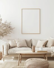Minimalist living room interior with a beige sofa. wooden coffee table. and a large empty picture frame on the wall